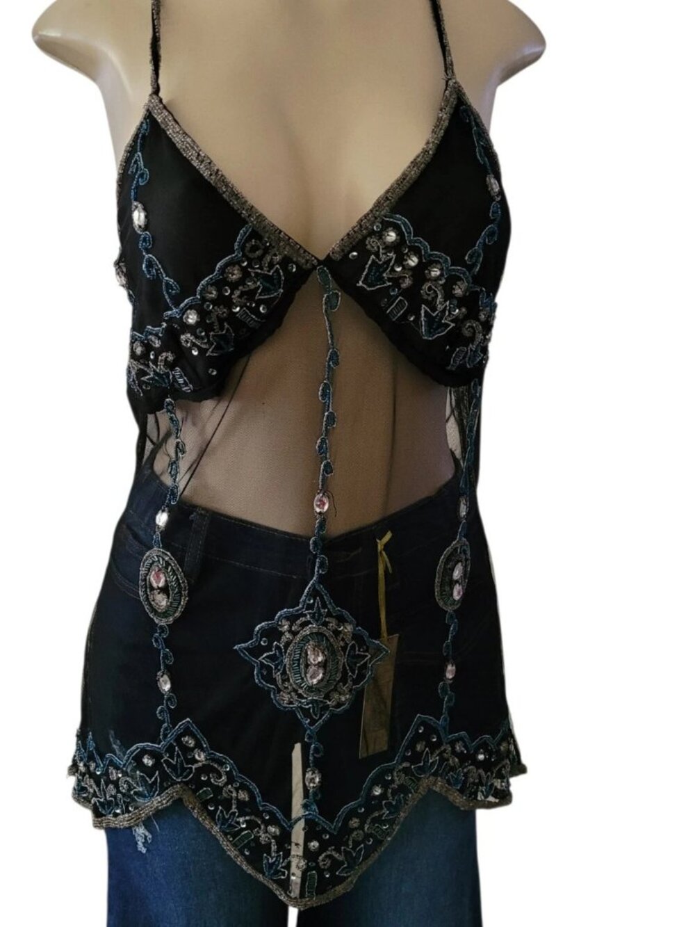 A Shim Y2K Fairy Grunge Sheer Beaded Cami Top Black Mesh Stones Vintage Size S